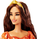 Barbie Fashionistas Doll #182 - Orange Floral Dress with Headband & Heels - Brunette - Fashion Style - Vinyl Storage Bag - Gift for Kids 3+