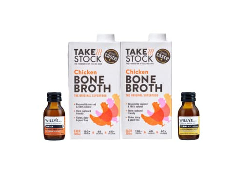 Take Stock Chicken Bone Broth (500ML) with Shots of Ginger, Honey, Turmeric Infused with Apple Cider Vinegar | Low Calorie, Keto, High Protein & Collagen Supplement| 2 Bone Broths + 2 Shots