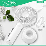 Sly Sippy Handheld 21 cm USB Fan | Mini Portable Hand Held Quiet Rechargeable Hand Fan with a Base for Home or Office use, Outdoor Travel Office Camping Events – White