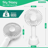 Sly Sippy Handheld 21 cm USB Fan | Mini Portable Hand Held Quiet Rechargeable Hand Fan with a Base for Home or Office use, Outdoor Travel Office Camping Events – White