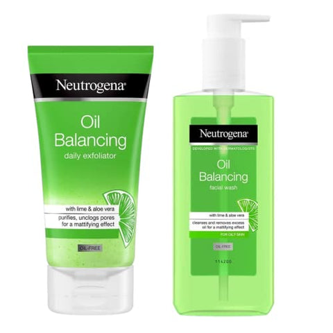 Oil Balancing Daily Exfoliator Neutrogena Facial Scrub with Lime & Aloe Vera 150ml and Oil Balancing Face Wash Cleanser 200ml for Oily Skin Bundle