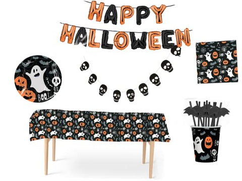 Halloween Party Decorations 67 Piece Tableware Set - For 16 Guests Dinnerware with Skull Garland Banner Pumpkin Paper Plates Cups Napkins, Bat Straws and Tablecloth for Halloween Party Supplies