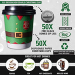 Elf 8oz Disposable Paper Christmas Cups with Black Domed Lids