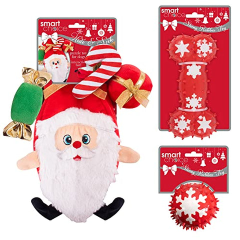 Sly Sippy 3 Pack Squeaky Dog Toy Bundle with Santa Design and Candy Cane Treats