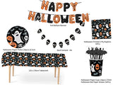 Halloween Party Decorations 67 Piece Tableware Set - For 16 Guests Dinnerware with Skull Garland Banner Pumpkin Paper Plates Cups Napkins, Bat Straws and Tablecloth for Halloween Party Supplies