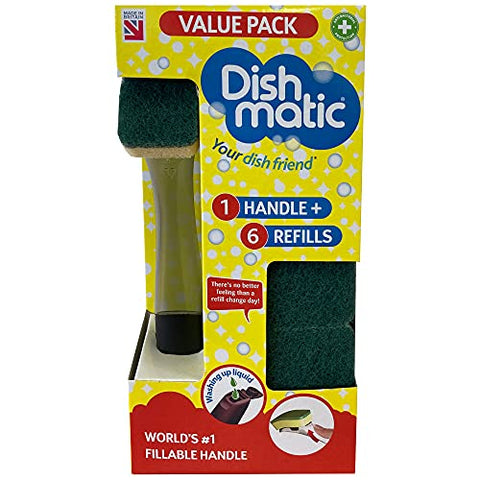Dishmatic Value Pack Kit – 1x Refillable Washing-Up Liquid Dispensing Handle with 6X Replaceable General-Purpose Antibacterial Sponge Heads